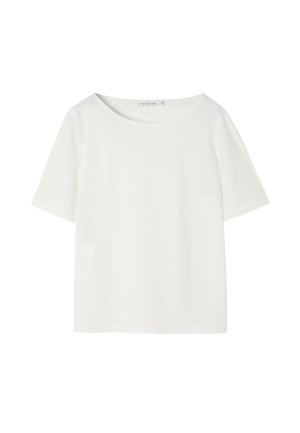 T-shirt blanc à manches courtes avec un large col rond, fabriqué à partir d'un tissu lisse, présentant des coutures minimales et une coupe décontractée pour un confort optimal.