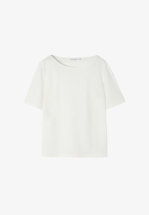 Top corto bianco con maniche corte e ampia scollatura rotonda, realizzato in tessuto liscio, caratterizzato da cuciture minime e una vestibilità rilassata per il massimo comfort.
