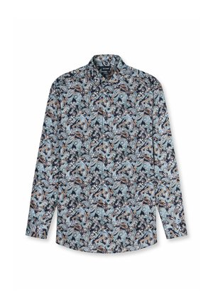 Langärmliges Hemd mit Knöpfen, blauem, schwarzem und braunem Paisley-Muster und einem ausgestellten Kragen.