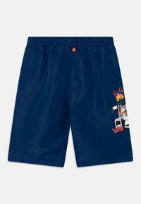 Marineblaue Badehose aus leichtem Material, mit elastischem Bund und einem bedruckten LEGO-Charakter an der Seite.