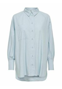Camicia azzurro chiaro a maniche lunghe con colletto, polsini arricciati e taschino sul petto. Realizzata in tessuto morbido e liscio.