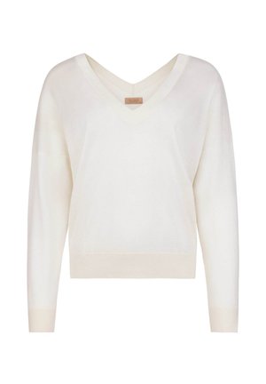 Weißer Langarm-V-Ausschnitt-Pullover mit gerippten Bündchen und Saum, hergestellt aus weichem Strickstoff, abgebildet vor einem weißen Hintergrund.