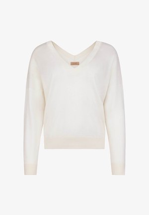 Weißer Langarm-V-Ausschnitt-Pullover mit gerippten Bündchen und Saum, hergestellt aus weichem Strickstoff, abgebildet vor einem weißen Hintergrund.