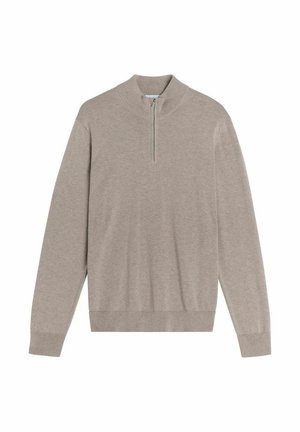 Beige lange mouwen trui met geribbelde manchetten en zoom, met een kwart rits aan de voorkant en een hoge geribbelde kraag.