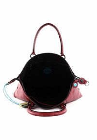 Roze zachtleren handtas met een ronde vorm, ritsluiting, zwarte binnenkant, dubbele handvatten en blauwe accenten. Binnenzak zichtbaar.