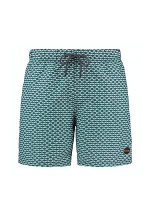Costumi da bagno in teal con un motivo a diamanti. Dotati di una cintura elastica con coulisse e un piccolo patch logo sul lato.