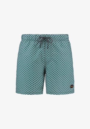 Costumi da bagno in teal con un motivo a diamanti. Dotati di una cintura elastica con coulisse e un piccolo patch logo sul lato.