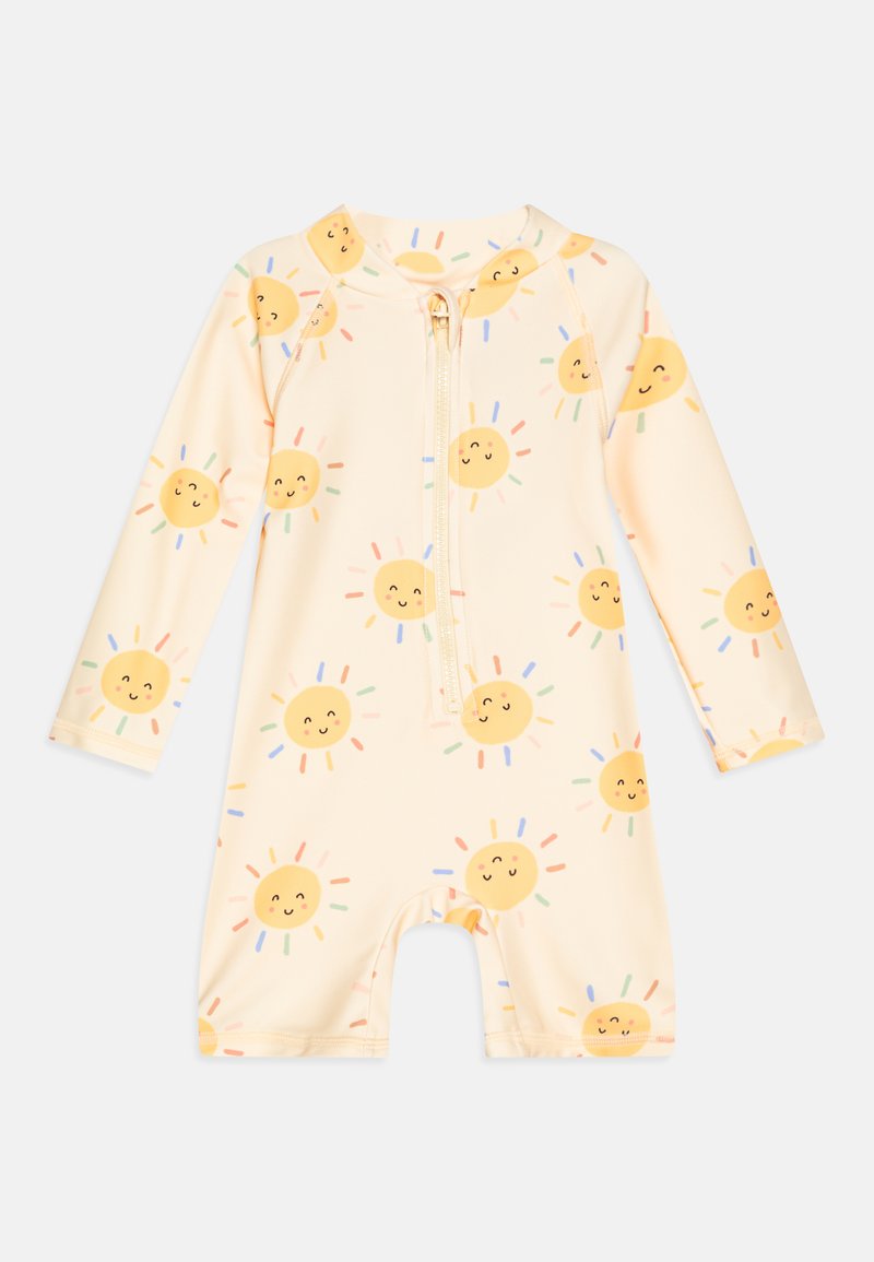 Maillot de bain une pièce à motif soleil jaune avec manches longues et fermeture éclair à l'avant, fabriqué en tissu doux et extensible.