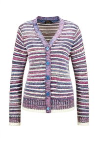 Gestreifter Cardigan aus mehrfarbigem Strickstoff, mit blauen Knöpfen, V-Ausschnitt und geripptem Saum sowie Ärmeln, im lässigen Schnitt.