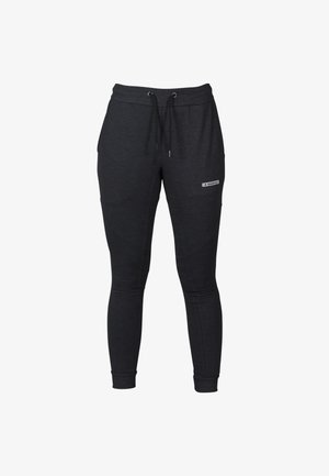 Schlanke schwarze Sweatpants aus weichem Stoff, mit einem elastischen Bund und Kordeln sowie einem kleinen Logo an der Seite.