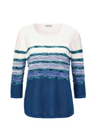 Leichtes Sweatshirt mit rundem Halsausschnitt und Dreiviertelärmeln; verfügt über mehrfarbige horizontale Streifen in Blau, Grün und Weißen Texturen.