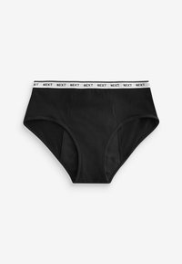 Zwarte high-waisted onderbroek met een witte elastische band waarop "NEXT" herhaaldelijk in zwarte tekst staat. Gladde textuur en eenvoudig ontwerp.