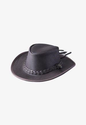 Black leather wide-brim hat with a molded crown, braided band, and two ventilation eyelets on the side. Smooth texture and structured design.