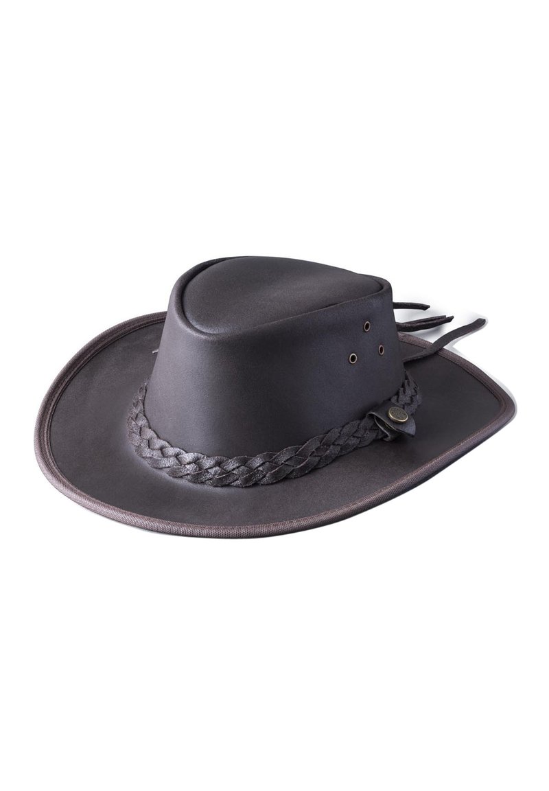Black leather wide-brim hat with a molded crown, braided band, and two ventilation eyelets on the side. Smooth texture and structured design.