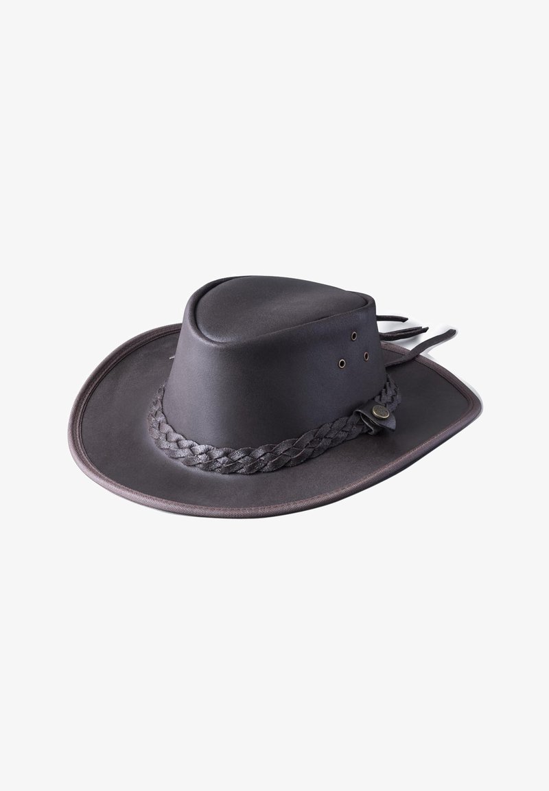 Black leather wide-brim hat with a molded crown, braided band, and two ventilation eyelets on the side. Smooth texture and structured design.