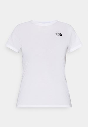 Bílé tričko s krátkými rukávy z bavlny, s kulatým výstřihem a černým logem na levé straně hrudi. Hladká textura a přiléhavý střih.