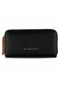 Portefeuille en cuir noir avec une finition texturée, logo en or "bugatti" à l'avant, et une accent de fermeture éclair rouge contrastante. Fermeture éclair.