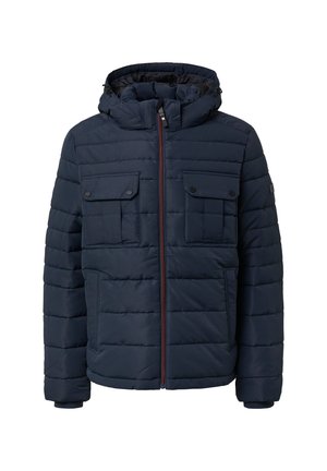 Marineblauer Pufferjacke mit Kapuze, ausgestattet mit zwei Brusttaschen, Seitentaschen, einem Reißverschluss und Steppdetails.