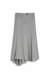 Grijze midi-rok van een textuurstof, hoge taille en een asymmetrische zoomlijn. Het heeft een verborgen taillebandsluiting.