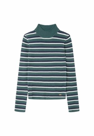 Maglione a collo alto a coste con maniche lunghe, caratterizzato da strisce orizzontali in verde scuro, blu navy e bianco.