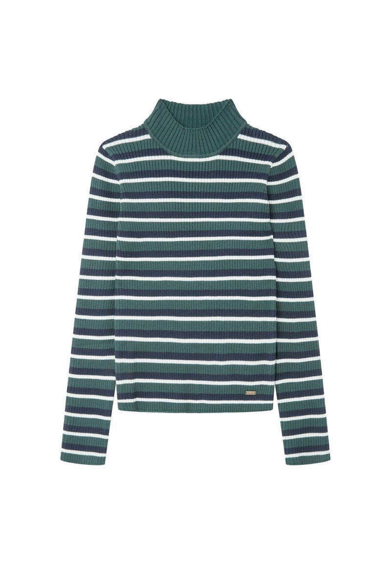 Pull à col roulé côtelé à manches longues, avec des rayures horizontales en vert foncé, bleu marine et blanc.