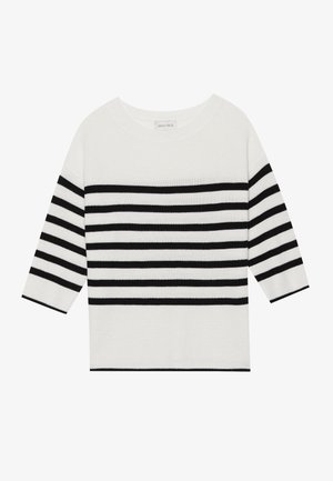 Black and white striped sweater with three-quarter sleeves, round neckline, and soft knit texture. Horizontal stripes throughout the garment.