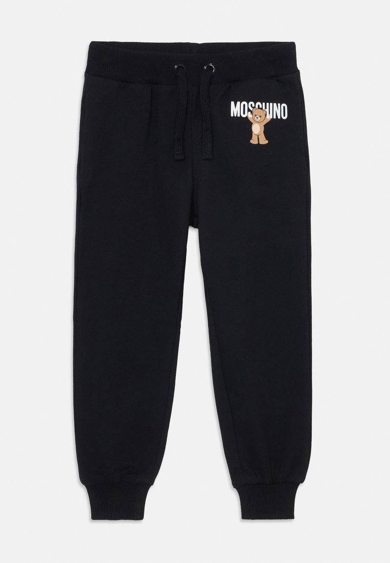 Svarta sweatpants tillverkade av mjukt tyg, med elastisk midja och dragsnören, ribbade muddarna och en björngrafik med texten "Moschino".