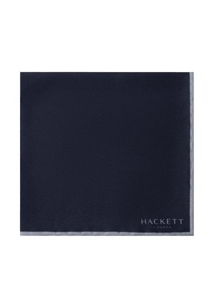 Navy blue pocket square with a diagonal texture and a contrasting gray border. Features the "HACKETT LONDON" logo in white at the bottom.