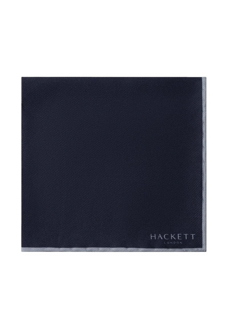 Mornarsko plava marama za džep s dijagonalnom teksturom i kontrastnim sivim rubom. Ima "HACKETT LONDON" logo u bijelom na dnu.