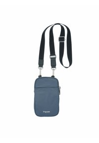 Sac bandoulière marine en tissu résistant, avec fermeture éclair, bandoulière réglable et poche avant avec logo.