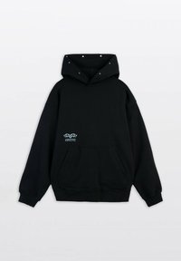 Czarna bluza z kapturem wykonana z mieszanki bawełny, z przednią kieszonką, zapięciem na zatrzaski na kapturze oraz akcentem w kolorze turkusowym.