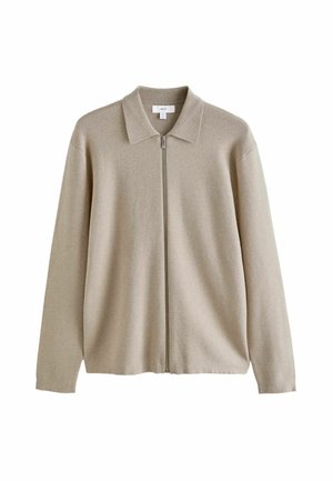 Jasnobeżowy, długi sweter rozpinany na suwak z kołnierzem, rozłożony płasko na białym tle.