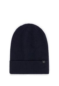 Granatowa dziana czapka beanie z prążkowanym wzorem, z zawiniętym mankietem i małą łatką z logo z boku. Prosty, dopasowany design.
