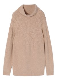 Beżowy sweter z wysokim prążkowanym kołnierzem, z teksturowanym wzorem w warkocze na klatce piersiowej oraz prążkowanymi mankietami i dołem. Miękki materiał.
