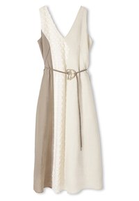 Un vestido sin mangas y de escote en pico con una cintura ajustada. Presenta un patchwork en beige, marrón claro y crema, con un panel de encaje texturizado y un cinturón.
