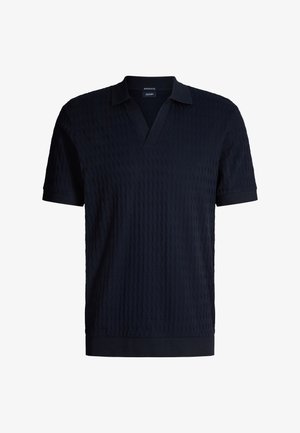 Marineblauw poloshirt met korte mouwen en een gestructureerd diamantpatroon, V-hals en geribbelde boorden. Zachte stof met een comfortabele pasvorm.