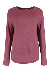 Bordeauxroter Pullover mit langen Ärmeln, runden Ausschnitt, gerippten Bündchen und leichtem High-Low-Saum. Hergestellt aus weichem, strukturiertem Stoff.