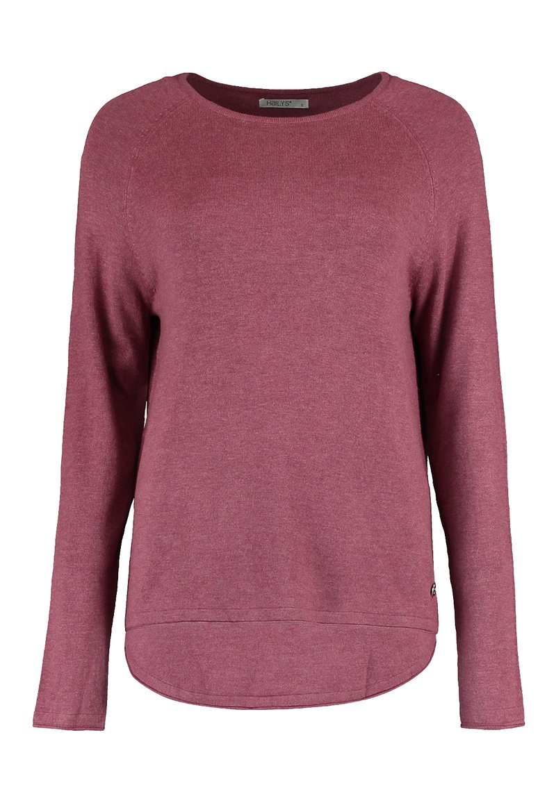 Bordeauxroter Pullover mit langen Ärmeln, runden Ausschnitt, gerippten Bündchen und leichtem High-Low-Saum. Hergestellt aus weichem, strukturiertem Stoff.