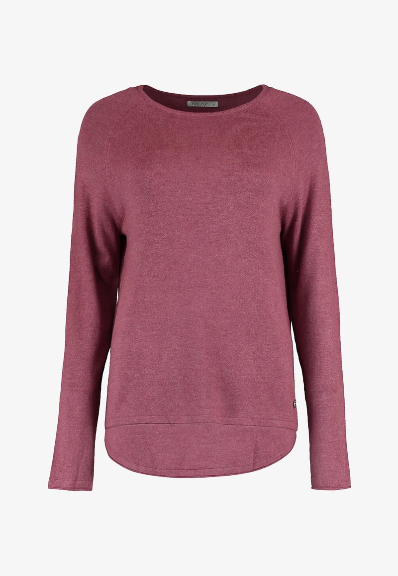 Bordeauxroter Pullover mit langen Ärmeln, runden Ausschnitt, gerippten Bündchen und leichtem High-Low-Saum. Hergestellt aus weichem, strukturiertem Stoff.
