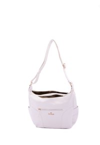 Borsa a spalla in pelle bianca con una sola tracolla, apertura con zip, tasca frontale e finiture in tono oro. Superficie testurizzata e interno spazioso.
