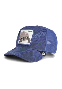 Gorra trucker de camuflaje azul con parte trasera de malla y un parche que muestra una tortuga etiquetada como "BÁSICO" en el panel frontal.