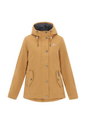 Sárga vízálló kabát kapucnival, elülső gombokkal, két oldalsó zsebbel és szürke bélésével. Az mellkason egy esernyő logó található.