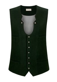 Dunkelgrüner Wollwesten mit Rundhalsausschnitt, silbernen Knöpfen und Kettendetail, zwei seitlichen Taschen und einem glatten Innenfutter.