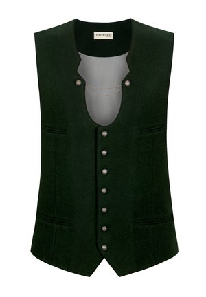 Dark green wool vest featuring a scoop neckline, silver buttons, and chain detail, with two side pockets and a smooth inner lining.