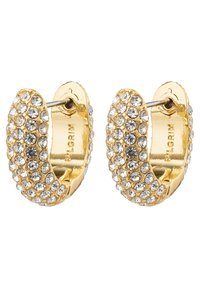 Zlatne okrugle naušnice ukrašene prozirnim rhinestones, s teksturiranom površinom i kopčom na šarke za sigurno nošenje.