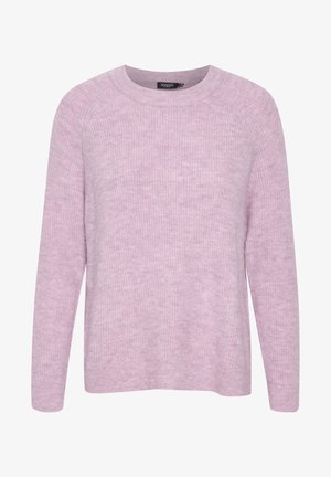 Helles lila, gestrickter Pullover mit rundem Halsausschnitt, langen Ärmeln und einer weichen Textur. Verfügt über ein geripptes Muster im gesamten Stoff.