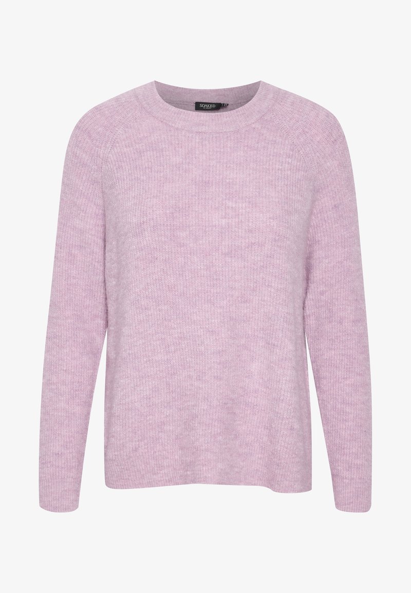 Ljust lila stickad tröja med rund halsringning, långa ärmar och en mjuk textur. Har ett ribbat mönster över hela tyget.