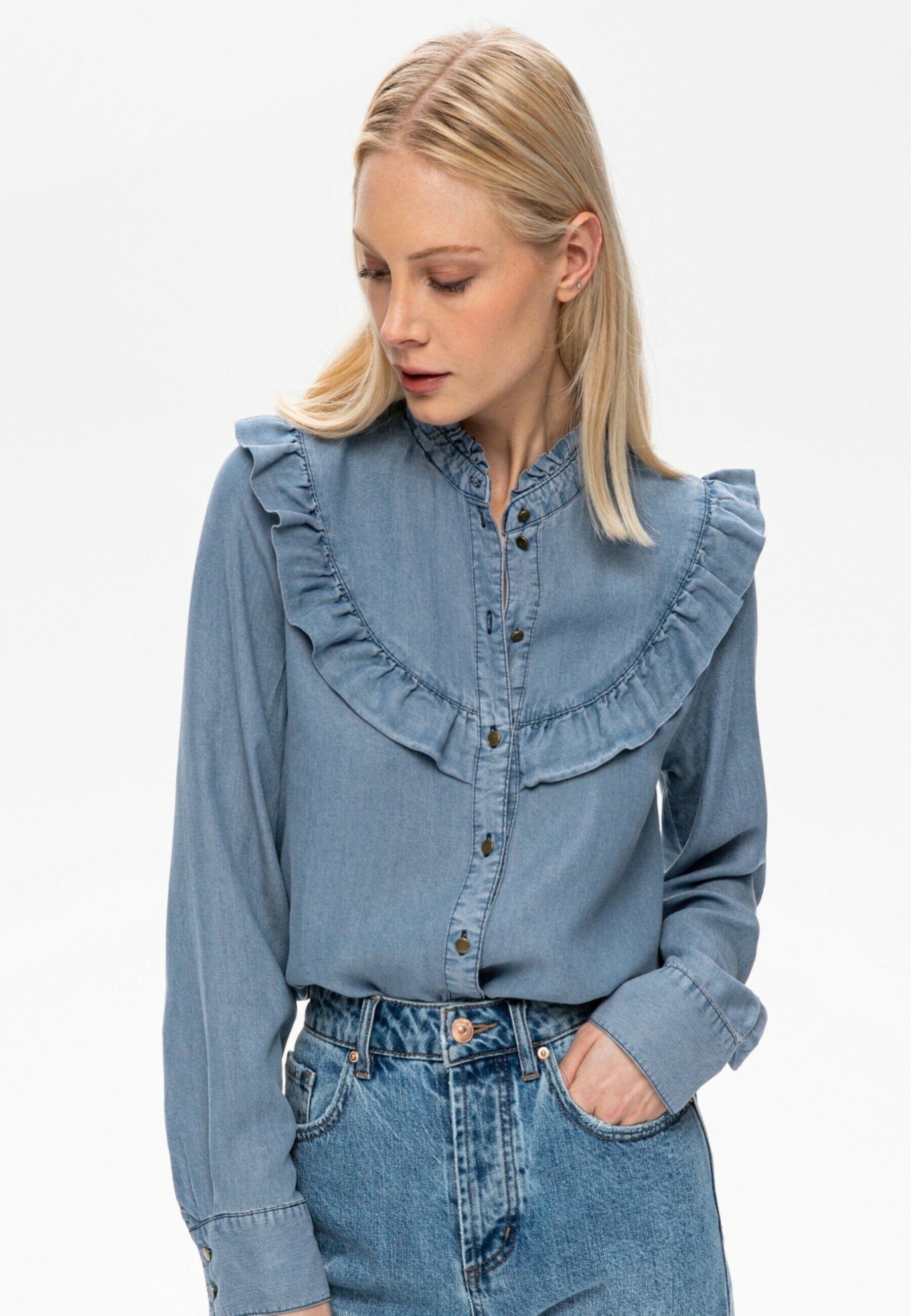 Promod VOLANTÉ - Chemisier - blue denim/denim bleu - ZALANDO.FR