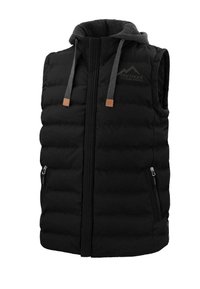 Schwarze gepolsterte Weste mit Kapuze, ausgestattet mit grauen Kordeln, einem durchgehenden Reißverschluss, zwei Seitentaschen und einem Logodesign auf der Brust.