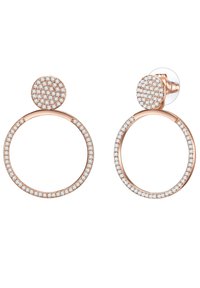 Pendientes en oro rosa con diseño circular, con un círculo superior más pequeño y una superficie completa de piedras transparentes brillantes en ambas secciones.